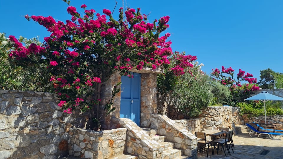 Stone garden entrance with bougainvillea